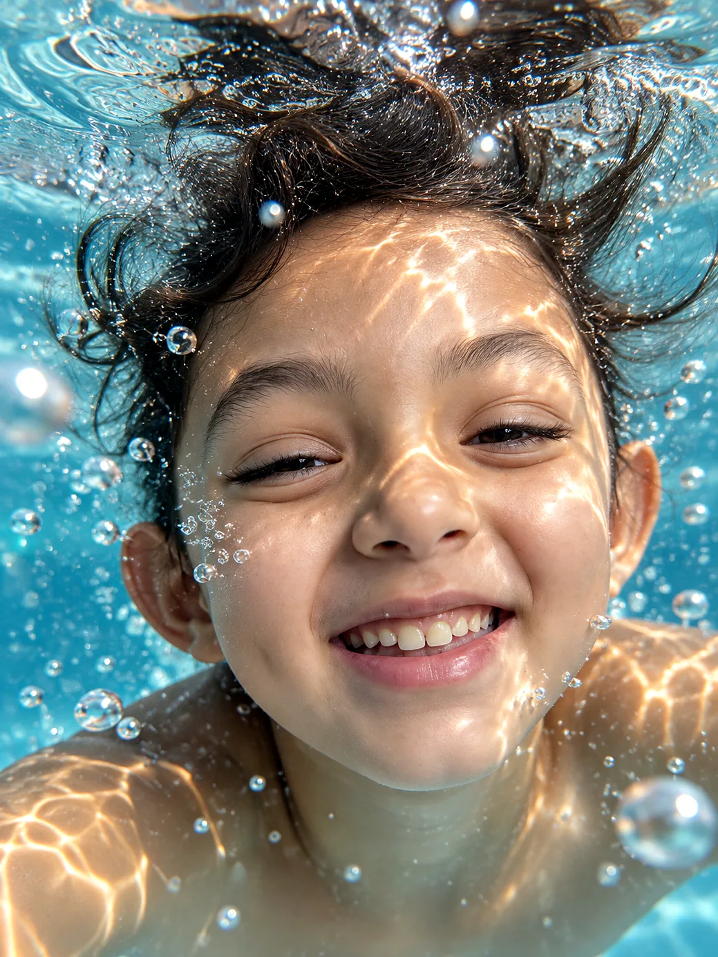 Nityaah underwater in a swimming pool, smiling